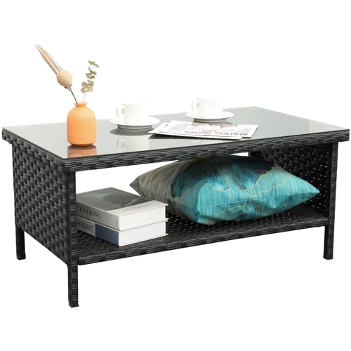 Rattaner black wicker 2-layer storage coffee table with glass top