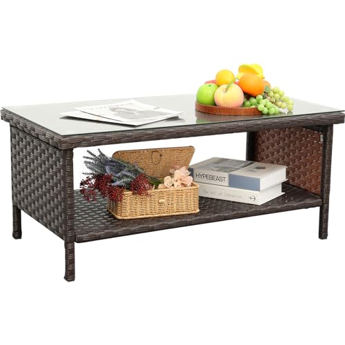 Rattaner brown wicker 2-layer storage coffee table with glass top