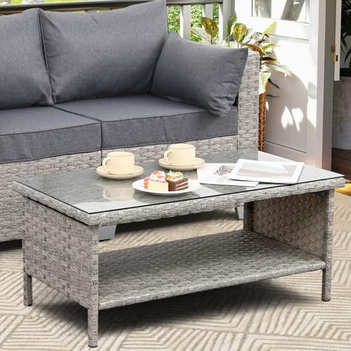 Rattaner grey wicker 2-layer storage coffee table with tempered glass top