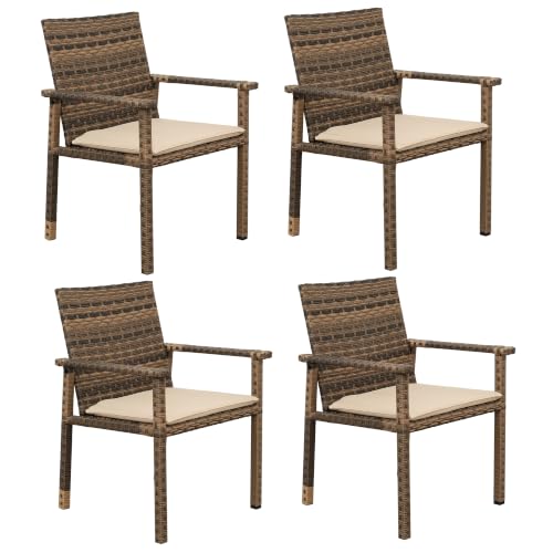 Rattaner set of 4 brown wicker outdoor dining chairs with khaki cushions