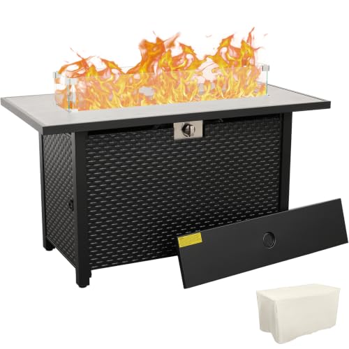 Rattaner 45-inch steel gas fire table with woodgrain marble tabletop