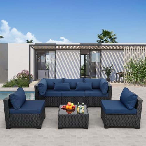 Rattaner 6-piece navy blue all-weather wicker sectional with glass table