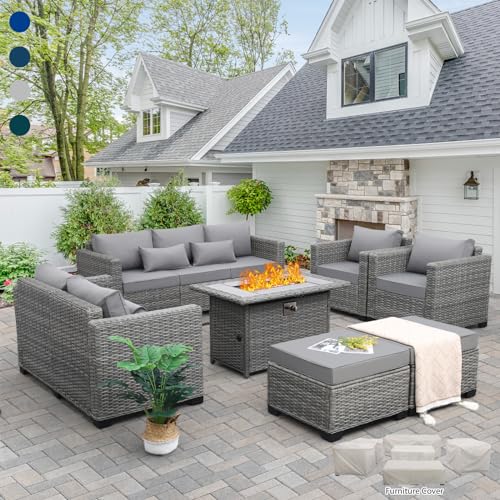 Rattaner 7-piece light grey wicker sectional with 45-inch propane fire pit table
