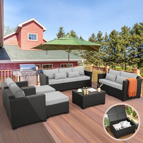 Rattaner 7-piece light grey wicker sectional with storage table